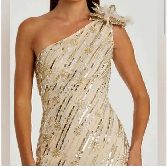 MAC DUGGALGold Embellished Floral Detail One Shoulder Gown Size 8 NWT